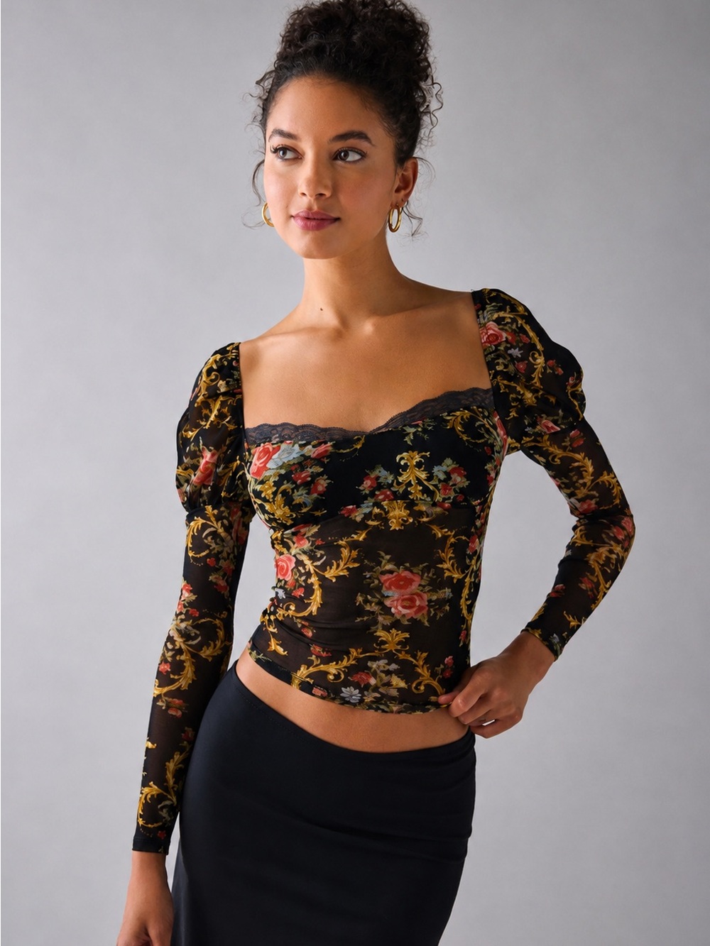 Urban Outfitters Black Sheer Floral Scoop-Neck Top with Red Roses